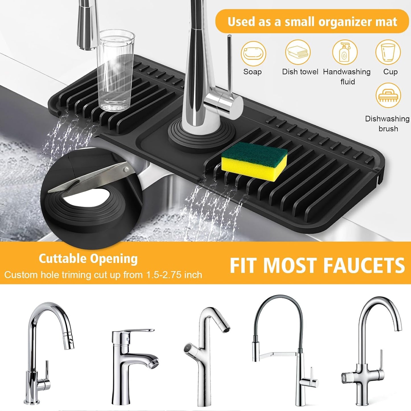 17.7-Inch Kitchen Sink Splash Guard Mat | 7° Slope for Fast Self-Draining | Snap-Lock Design | Universal & Cuttable Silicone Faucet Mat Gray