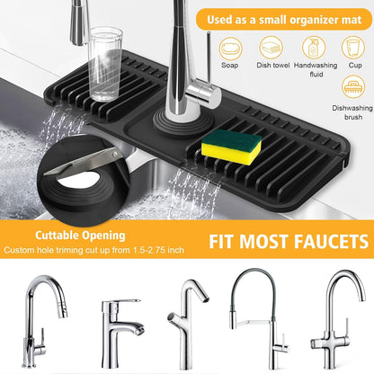 17.7-Inch Kitchen Sink Splash Guard Mat | 7° Slope for Fast Self-Draining | Snap-Lock Design | Universal & Cuttable Silicone Faucet Mat Gray