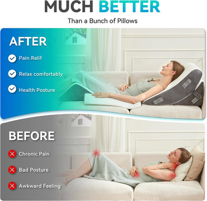 4PCS Bed Wedge Pillow Post Surgery, Orthopedic Sleeping Wedge Pillow Set for Back, Neck and Leg Pain Relief, Acid Reflux, GERD, Memory Foam Support Pillows for After Surgery, Grey