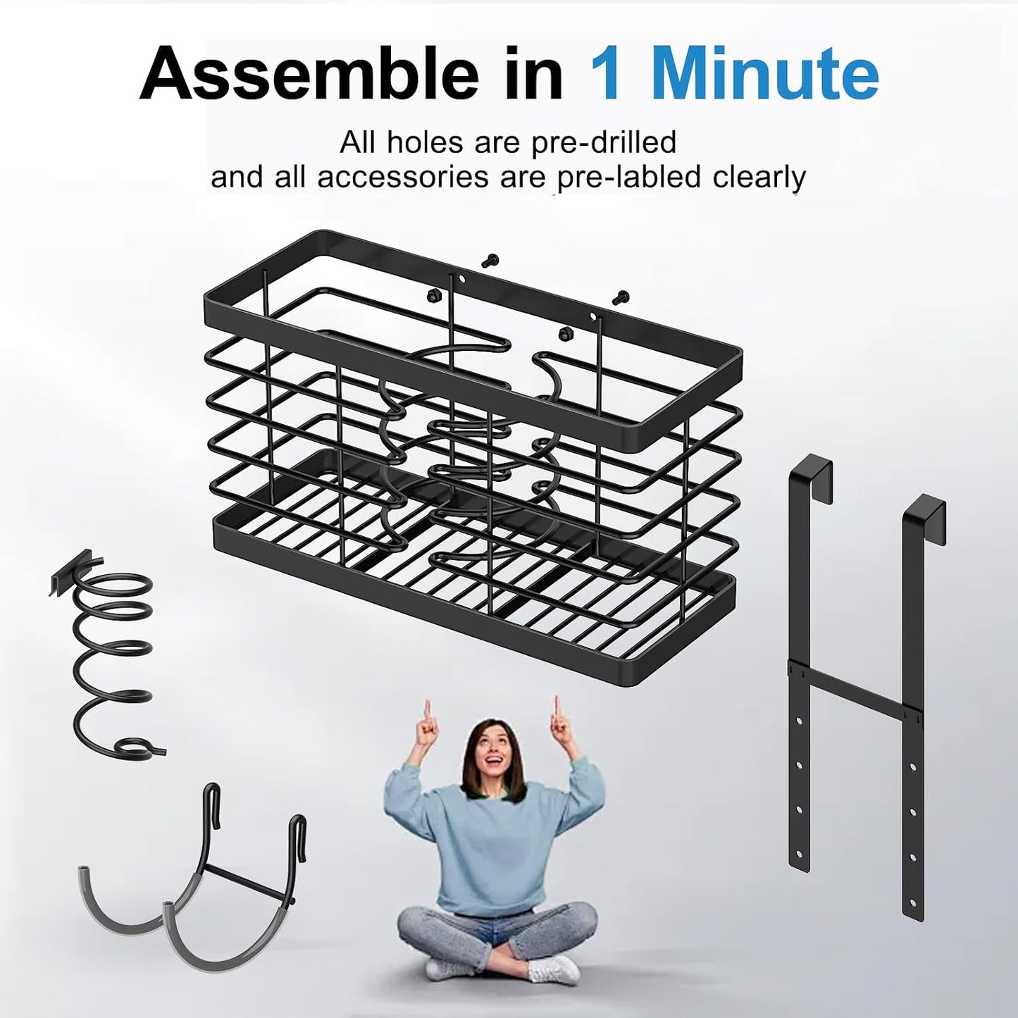 2026 Upgraded 3-in-1 Universal Hair Tool Organizer, XL Size, Black | Adjustable Height Metal Hair Dryer Holder, Wall Mounted, Over Cabinet Door, Countertop, Bathroom Storage