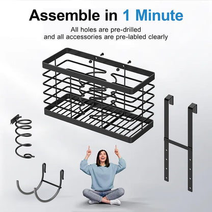 2026 Upgraded 3-in-1 Universal Hair Tool Organizer, XL Size, Black | Adjustable Height Metal Hair Dryer Holder, Wall Mounted, Over Cabinet Door, Countertop, Bathroom Storage