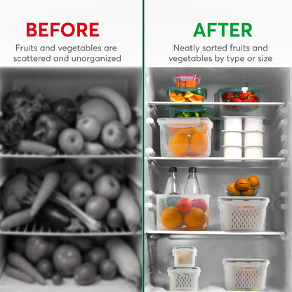 5 Set Fruit Storage Containers for Fridge with Colander, Produce & Veggie | Dishwasher safe, leakproof BPA-free plastic, stackable vegetable& fruit saver for refrigerator, keep berry salad meat fresh