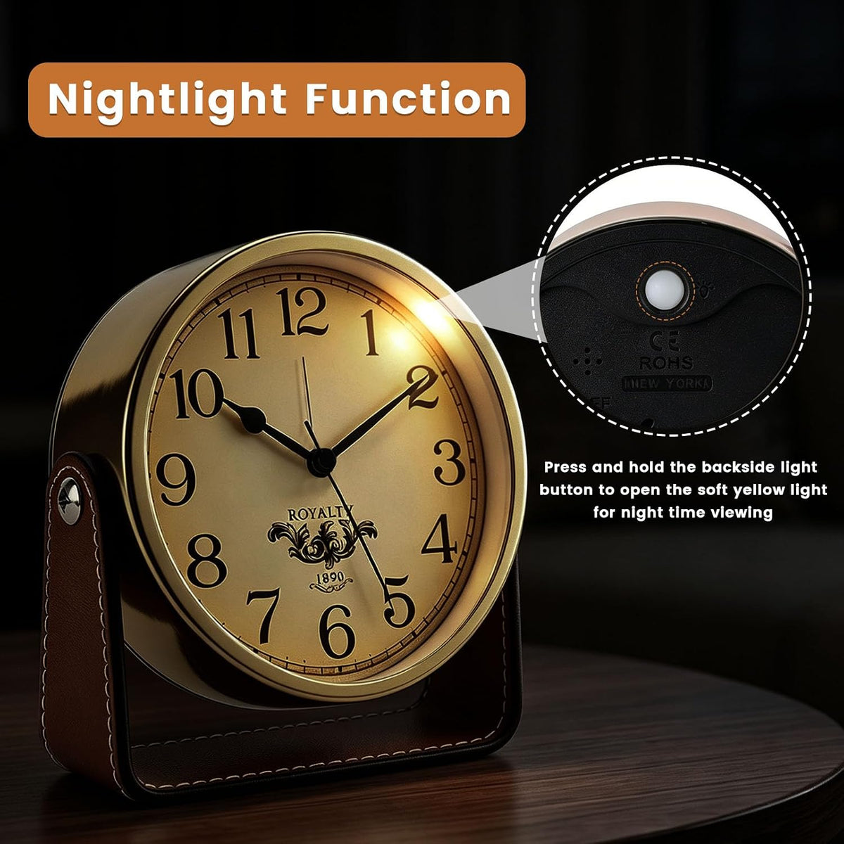 Analog Alarm Clock - 4.5" Silent Non Ticking Small Clock with Light, Rotatable Stand Metal Desk Clock Battery Operated, Simple Design for Living Room Decor/ Bedroom/Bedside/Shelf (Black & White)