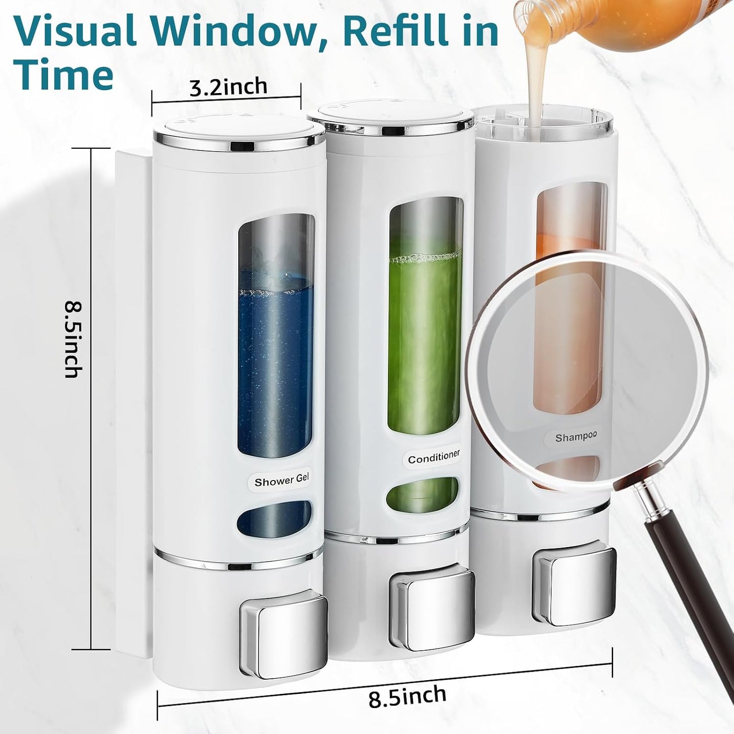 Pollock Shampoo and Conditioner Dispenser Wall Mounted,400ML*3 Chamber | Shower Soap Dispenser No Drilling,Refillable Shampoo Dispenser for Shower,Body Wash Dispenser for Bathroom,White