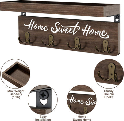 buways Key Holder Wall Mount with 8 Hooks and Cozy Home Sign (Gray) | Solid Wood, Floating Shelf for Keys, Mail, and Daily Essentials in Entryways, Hallways or Home Decor