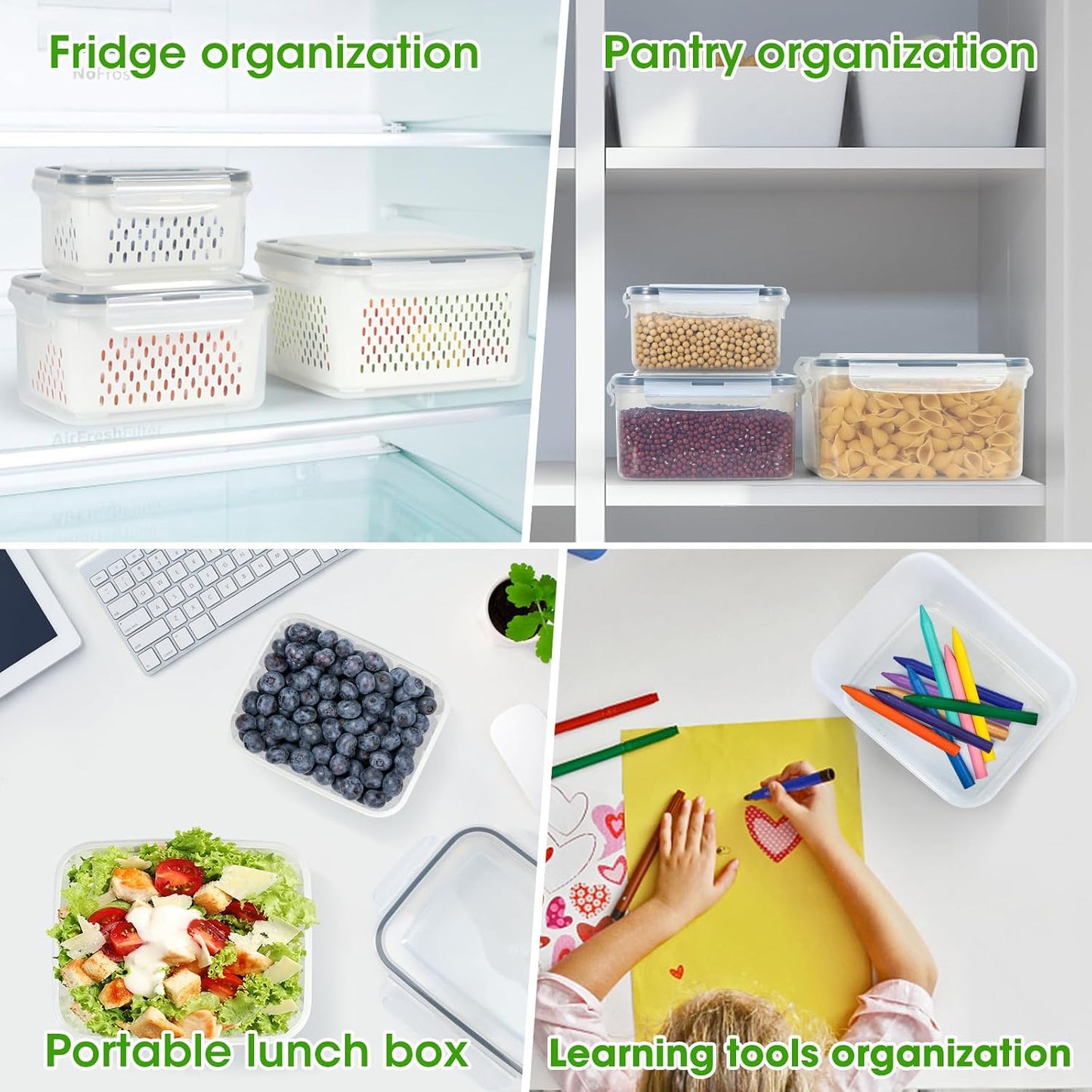 TBMax Fruit Storage Containers for Fridge Organizers and Storage, 4 Pack Large Produce Saver with Airtight Lid & Colander for Berry Lettuce Salad Vegetable Storage, Refrigerator Organizers