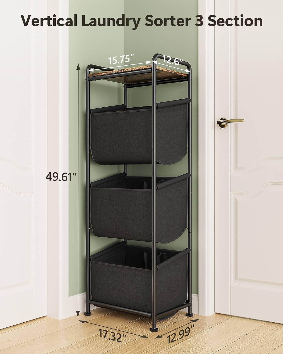 3 Section Laundry Sorter with Removable Bags, 120L Rolling Vertical Laundry Hamper, Stackable Laundry Baskets organizer for Bathroom, Apartment, Dorm (Beige, With Wheel)