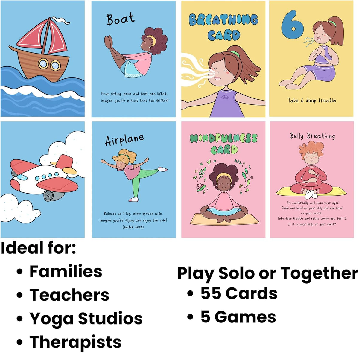 Kids Yoga Card Deck - 55 Large Format Cards for Movement, Mindfulness & Breathing - Perfect for Teachers, Therapists, Families & More - Includes 5 Yoga Games to Play Solo or in a Group - Ages 3-103