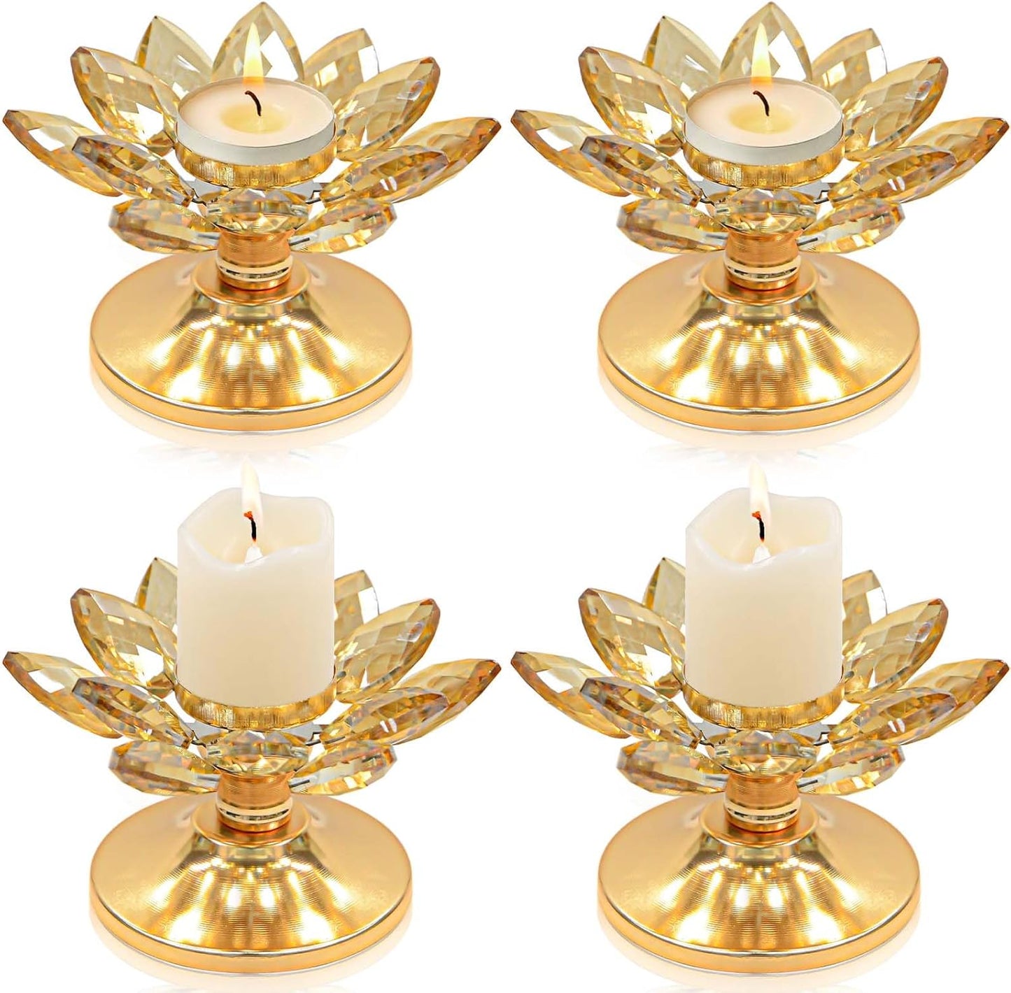 1 PC Gold Crystal Flower Tea Light Holder, Glass Tealight Candlestick with Metal Base, Votive Candle for Table Centerpiece, Wedding/Parties Decor, Nice Gift