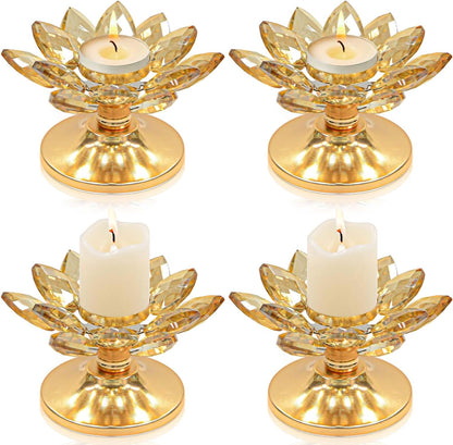 1 PC Gold Crystal Flower Tea Light Holder, Glass Tealight Candlestick with Metal Base, Votive Candle for Table Centerpiece, Wedding/Parties Decor, Nice Gift