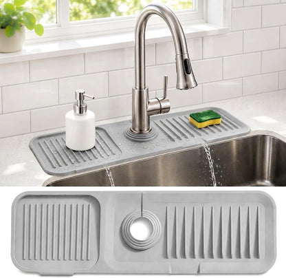 Faucet Mat for Kitchen Sink, Silicone Splash Guard, 17.7x5.5 in, Light Gray | 5° Fast-Draining Slope, Trimmable 1.5–2.6 in Center Hole