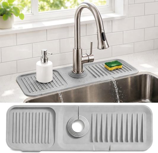 Faucet Mat for Kitchen Sink, Silicone Splash Guard, 17.7x5.5 in, Light Gray | 5° Fast-Draining Slope, Trimmable 1.5–2.6 in Center Hole