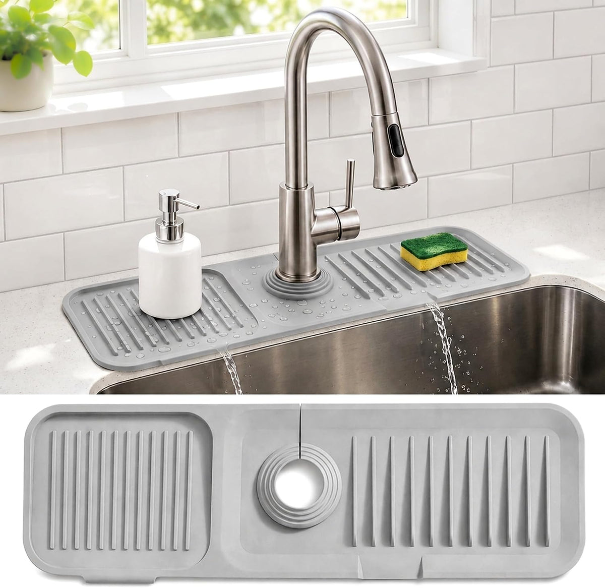 Faucet Mat for Kitchen Sink, Silicone Splash Guard, 17.7x5.5 in, Light Gray