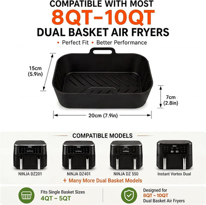 Silicone Air Fryer Liners, 2 Silicone Air Fryer Liners & Accessories | Compatible with NinjaDZ201, DZ401, DZ550 & Most 8QT-10QT Dual Basket Air Fryers, Air Fryer Liners Reusable, BPA-Free Nonstick
