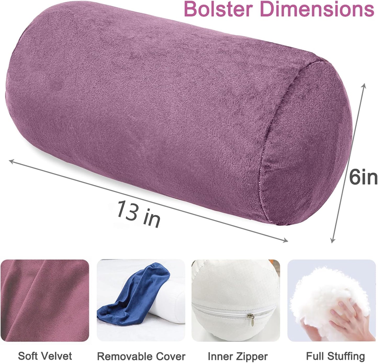 1 MIDDLE ONE Round Cylinder Bolster Pillow with Removable Cooling Cover, Tube Roll Cervical Pillow for Head, Neck, Back and Legs Support, 13"x 6", Grey