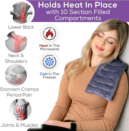 Purple Moon Collection - Microwavable Heating Pad for Neck & Shoulders - 6x16, Gray - Flaxseed Heat Pack - Weighted Hot & Cold Therapy Compress Wrap for Pain Relief, Menstrual Cramps, Sore Muscles