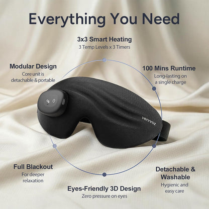 Cordless Heated Sleep Eye Mask: 3 Heat & 3 Timer Settings, USB-C Rechargeable Heated Sleep Mask with Washable Cover, 3D Zero-Pressure Eye Design, Foldable & Portable for Home and Travel