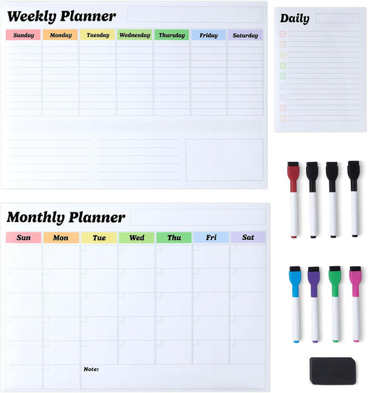 Amazon Basics Magnetic Dry Erase Whiteboard Calendar for Fridge, Easy to Clean, Schedule Organizer, 12" x 17", Includes 4 Markers and Eraser