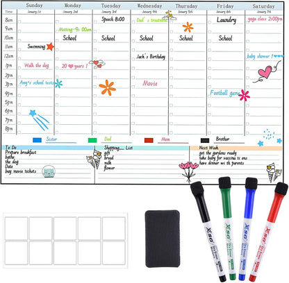 POPRUN Dry Erase Weekly Calendar Whiteboard, Magnetic Hourly Schedule Board | 16.9 x 11" Weekly Planner for Fridge, Time Slots, Family Daily Planning for Refrigerator, Homeschool, Work