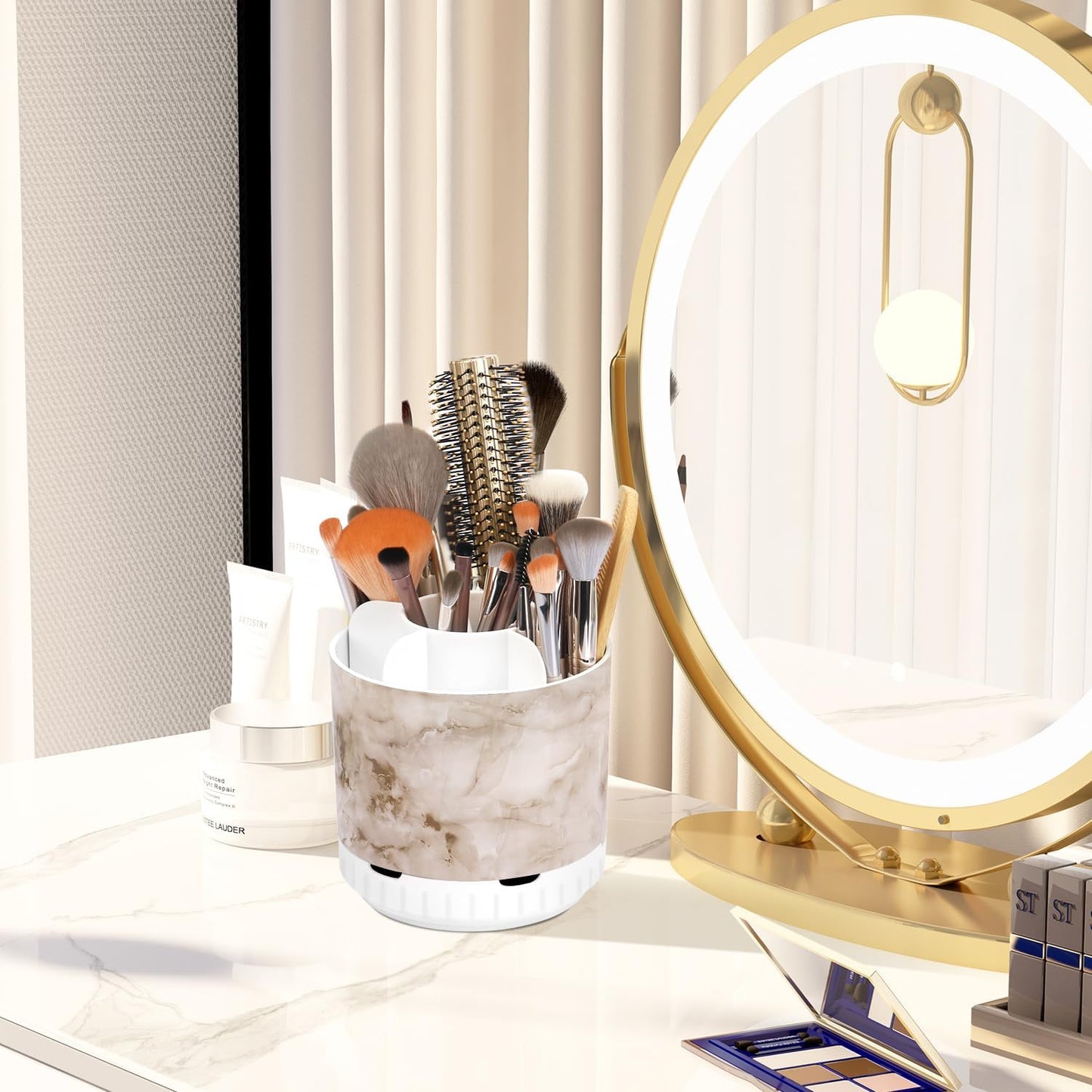 GFWARE Rotating Silver Toothbrush Holder for Bathroom Organizer, Drainage | Detachable 6 Slots Kids Electric Toothbrush and Toothpaste Holder, Bathroom Countertop Sink Storage Caddy