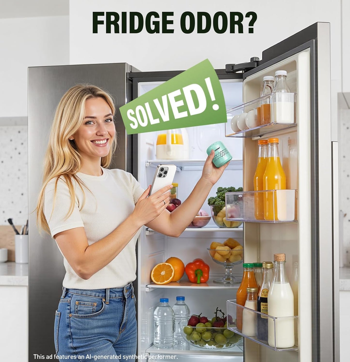 Fridge Deodorizer, Lasts Up to 10 Years, Stainless Steel, Gray | Unbox and place in fridge; refrigerator deodorizer, fridge odor eliminator, no refills, baking soda fridge alternative