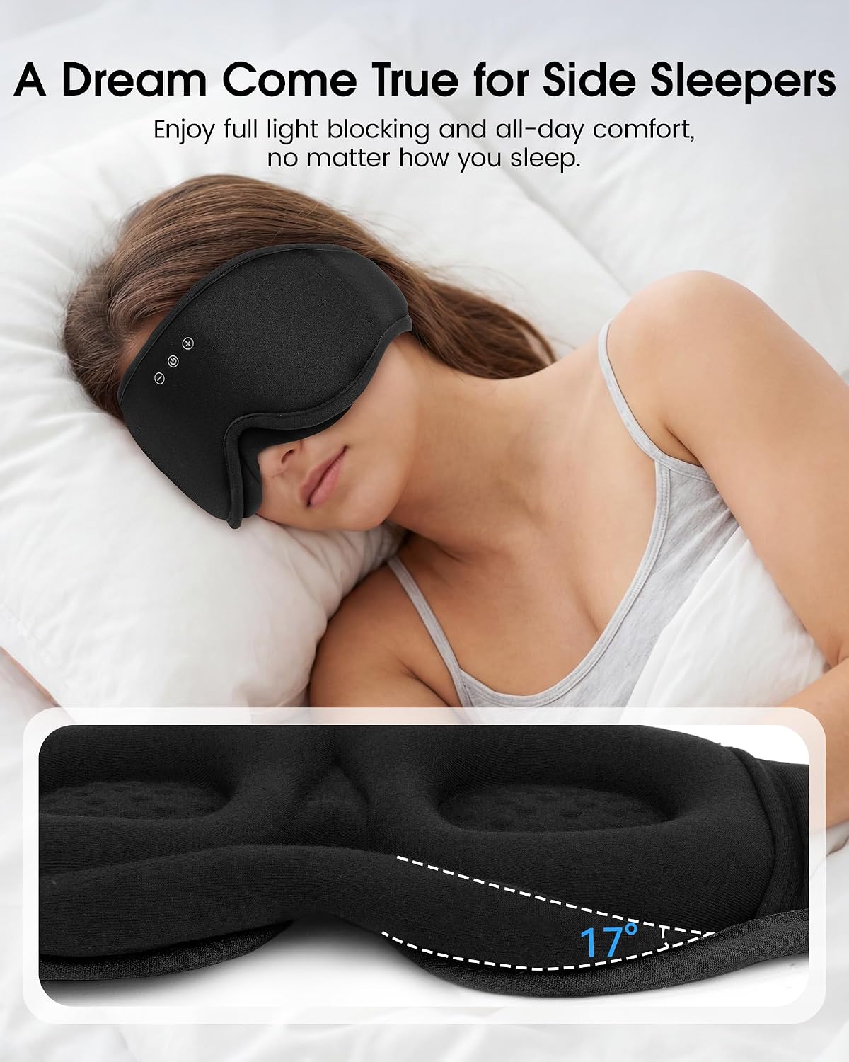MUSICOZY Sleep Mask Bluetooth Headphones Eye Masks for Sleeping Headphone | 3D Wireless EyeMasks for Side Sleepers, 14-Hour Playtime, Ultra-Soft Breathable, Ultra-Thin Stereo Speakers for Women Men