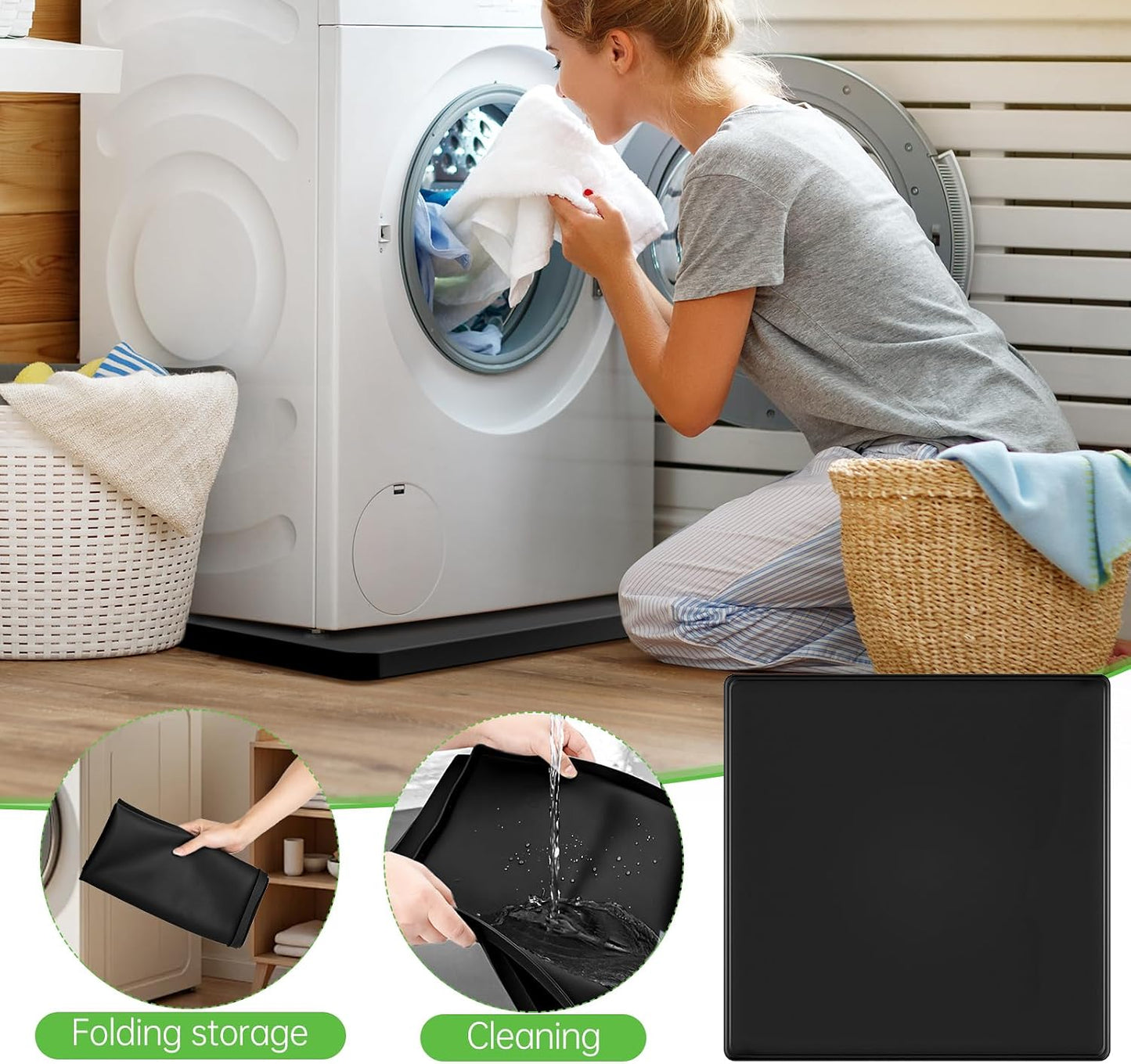 Washing Machine Drain Pan, 27x27 Inch Silicone Mat with Raised Edge | Waterproof Leak Protector Tray for Under Washer and Dryer, Anti-Slip and Foldable Laundry Room Mat