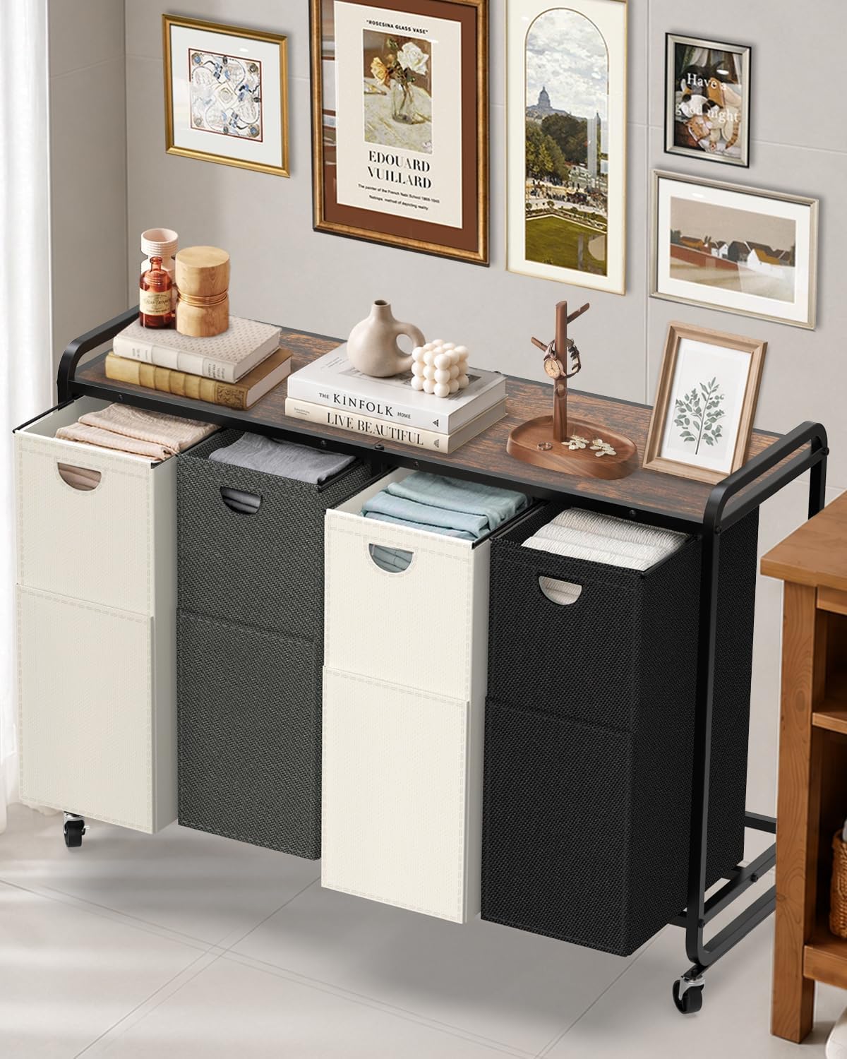 Laundry Sorter 3 Section,Laundry Basket with Wheels,3×15.8 Gal (60L) | Laundry Room Organization with Wooden Desktop Shelf,Pull-Out and Removable 900D Oxford Fabric Laundry Bags for Laundry Room