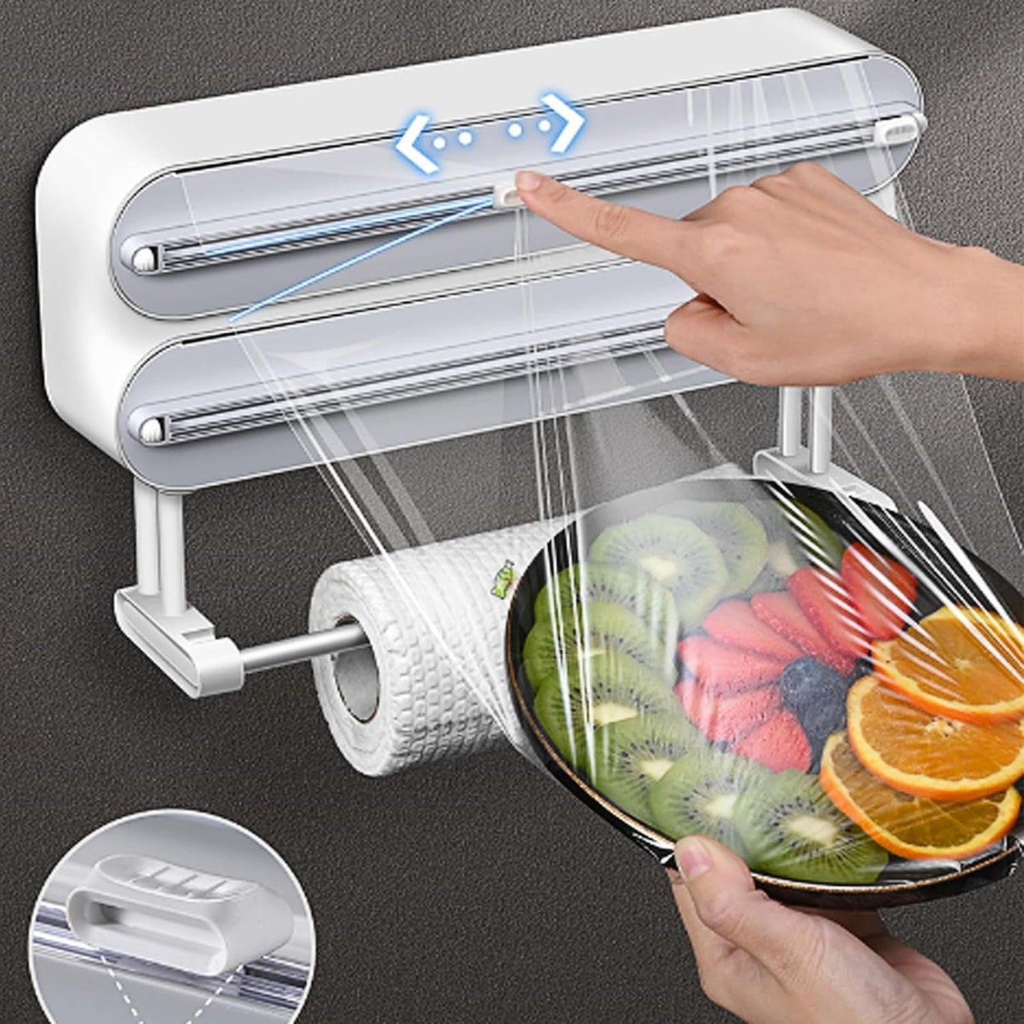 AUSTUFF 3 in 1 Plastic Wrap Dispenser with Cutter Magnetic Aluminum Foil | Wall Mount Kitchen Wrap Organizer, Cling Wrap Dispenser with Paper Towel Holder and Cutter