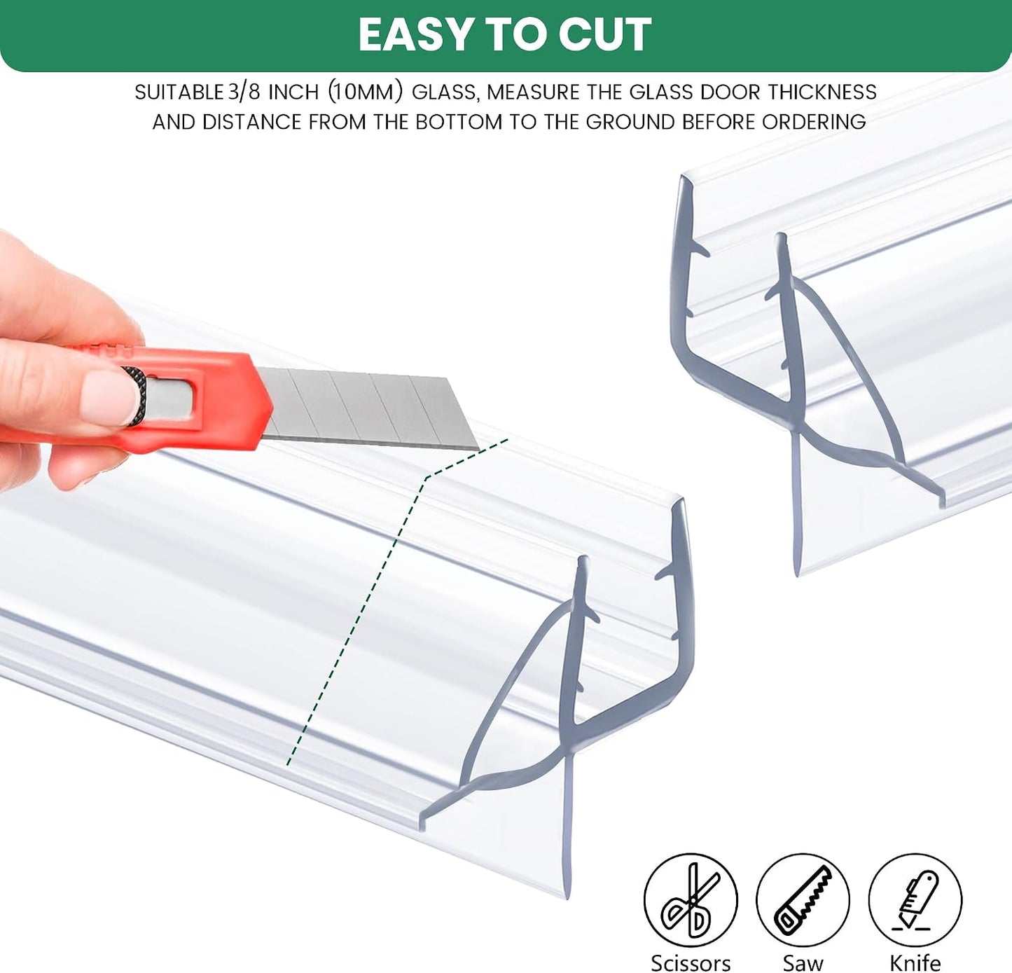 2 PCS Shower Door Bottom Seal, 3/8” X 36” Frameless Shower Glass Door Seal Strip, Clear PVC Shower Door Sweep Stop Shower Leaks, Shower Seal for 3/8 Inch (10mm) Glass