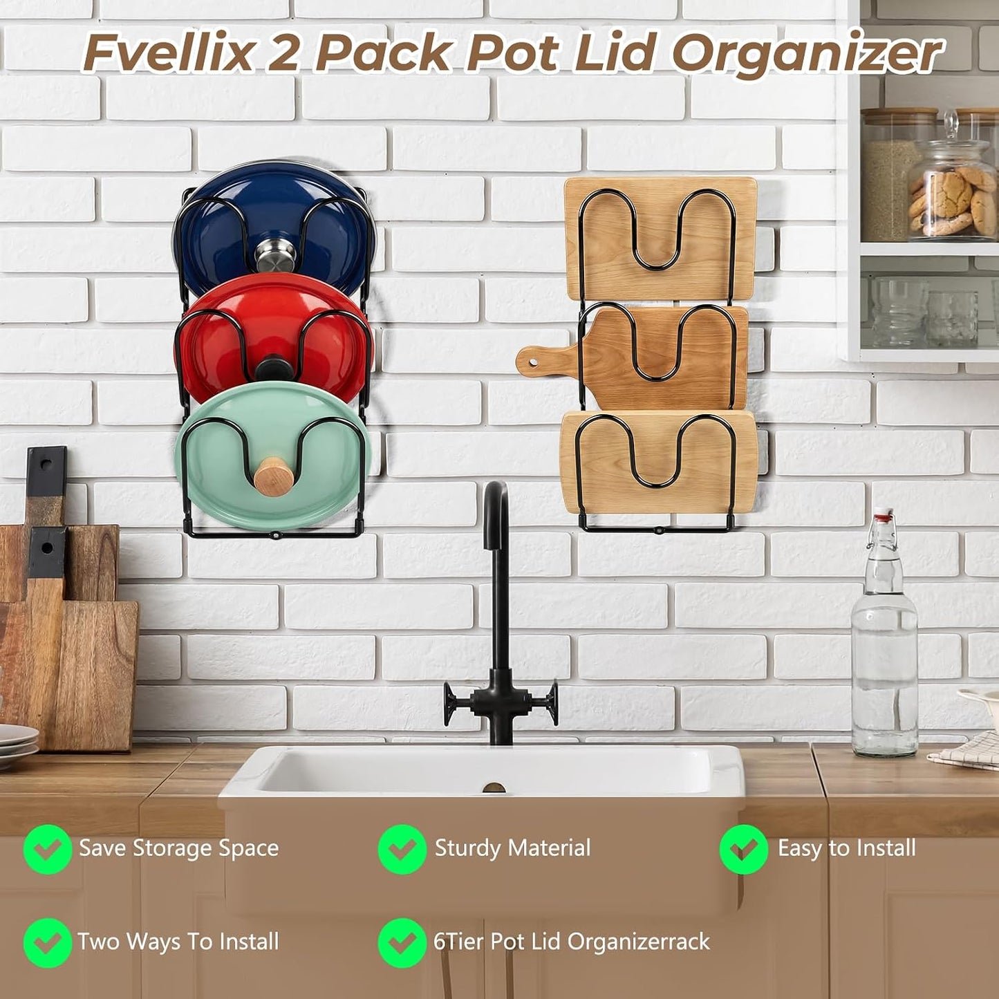 2 Pack Pot Lid Organizer Rack for Cabinet Door/Wall, 6-Tier Pot Lid Holders inside Cabinet Door, No Drilling Adhesive Wall/Door Mounted Rustproof Pots and Pans Lid Organizers for Kitchen Storage Black