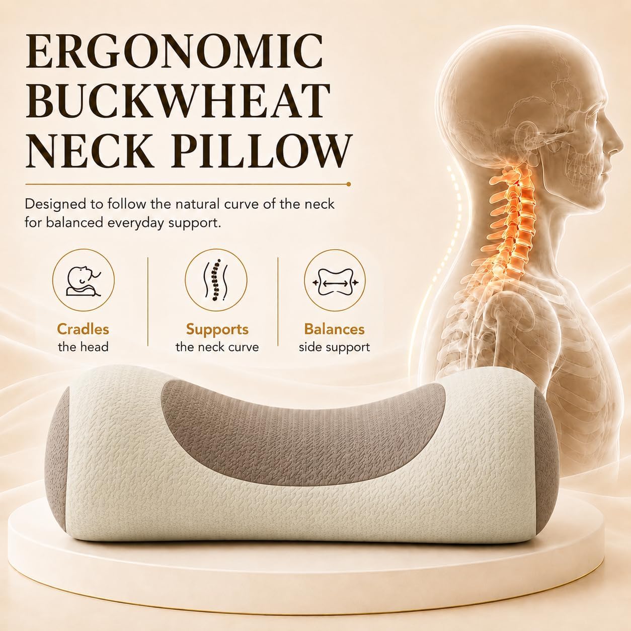 Buckwheat Neck Roll Pillow, Adjustable Cervical Pillow for Neck Pain Relief | natural hull fill, customizable loft, firm support, side and back sleepers, washable cover, lower back use