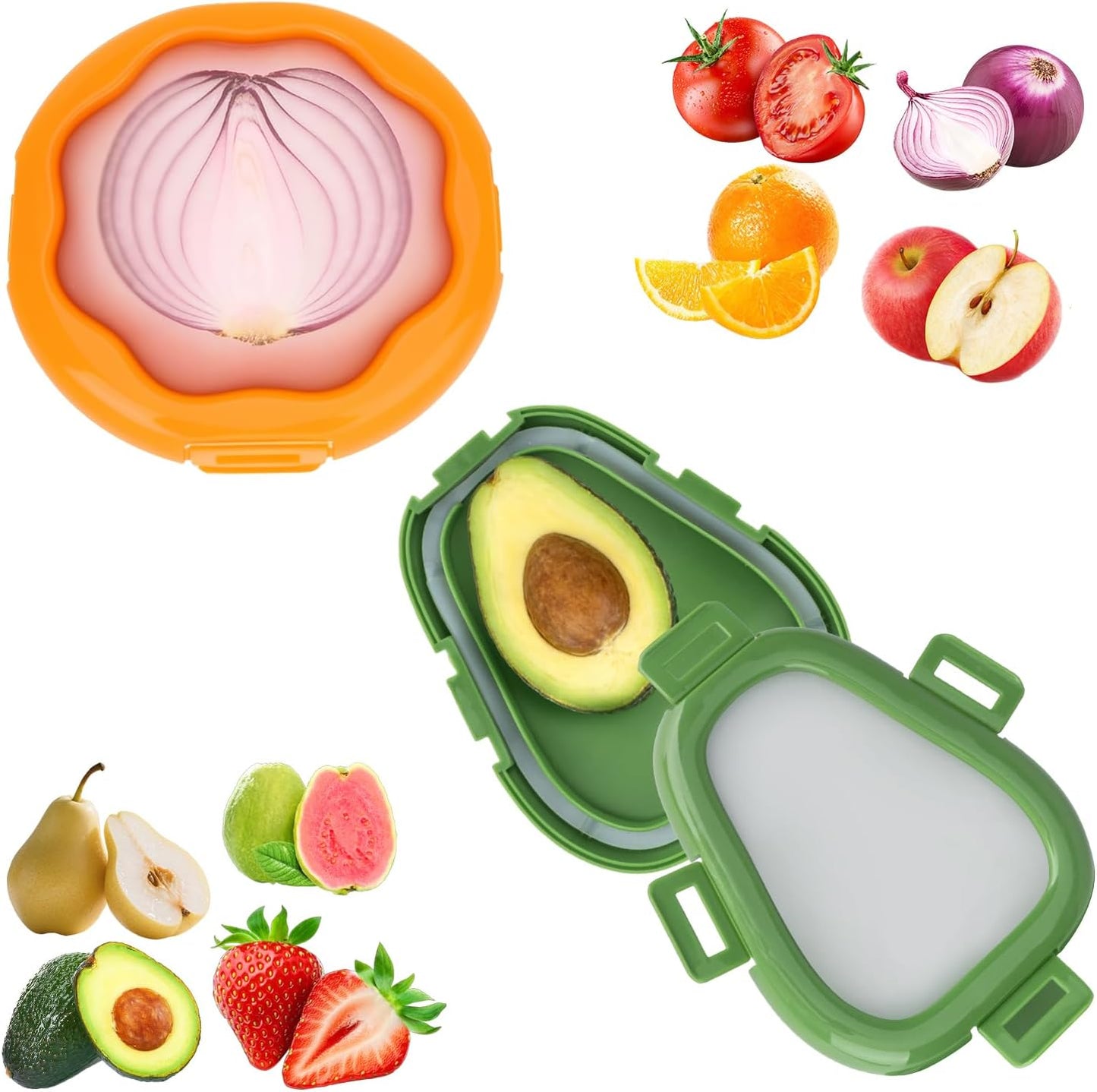 KMOSENIA Avocado Saver, Fruit Storage Containers for Fridge, 2 Pack | Avocado saver with silicone seal for fridge storage. Keeps cut fruits and vegetables fresh, organized and reusable.