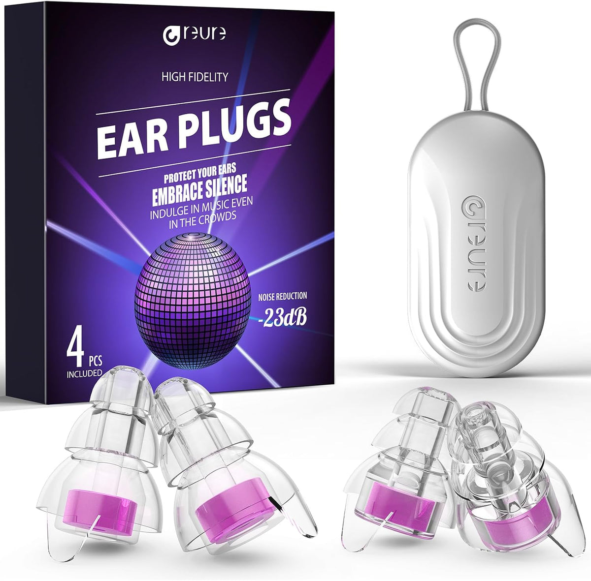 Reure High Fidelity Concert Ear Plugs, Noise Cancelling Silicone Ear Plugs 2 Pairs Great for Concerts Loud Music, Musicians, Motorcycles, Airplanes, Raves, Hearing Protection -23 dB