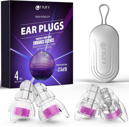 Reure High Fidelity Concert Ear Plugs, Noise Cancelling Silicone Ear Plugs 2 Pairs Great for Concerts Loud Music, Musicians, Motorcycles, Airplanes, Raves, Hearing Protection -23 dB