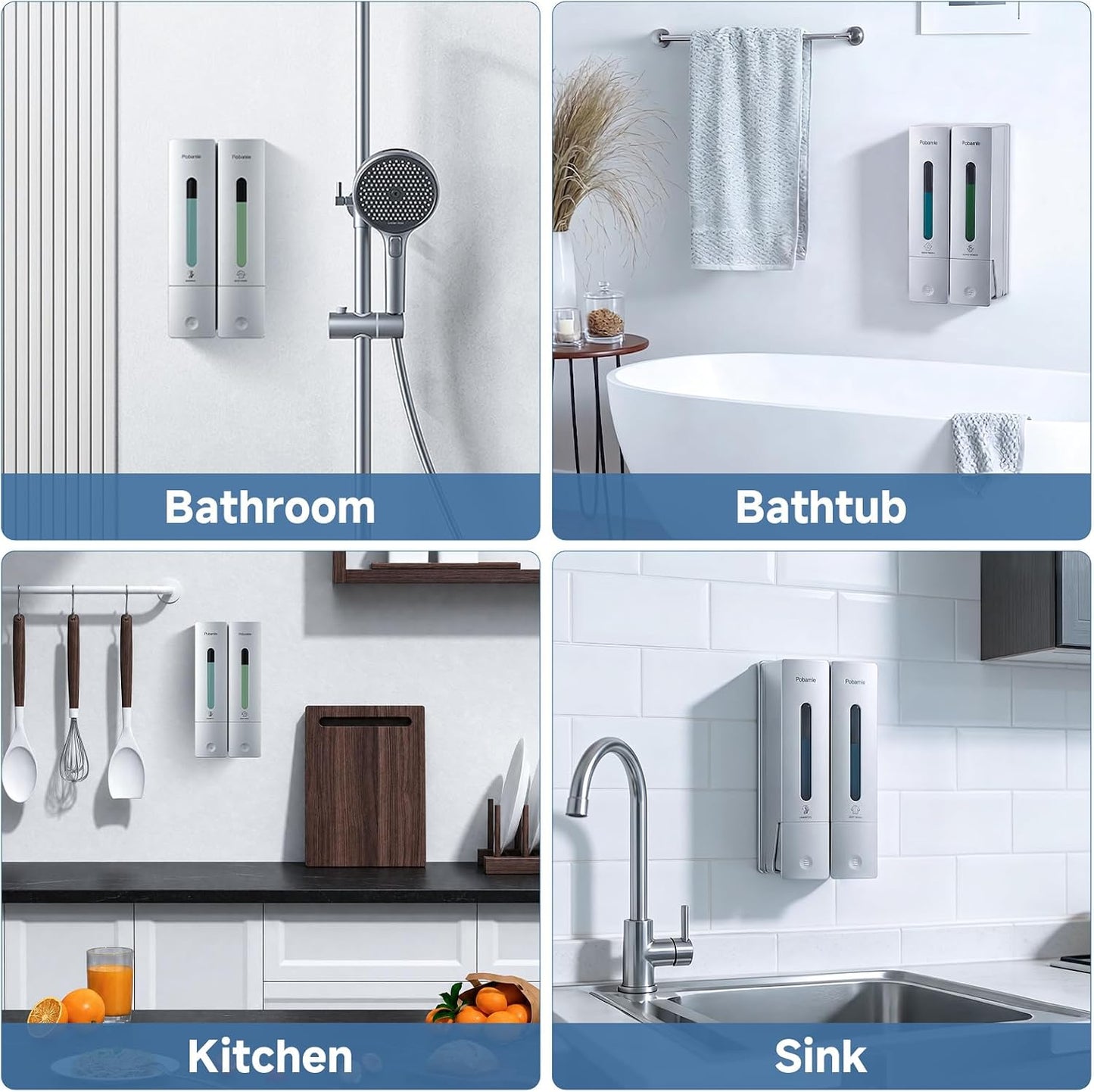 Shampoo Dispenser for Shower - Shower Soap Dispenser Wall Mounted No Drill - Shampoo Body Wash Dispenser 2 Chamber - Easy Install for Bathroom Hotel Silver 800ml