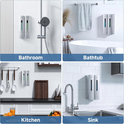 Shampoo Dispenser for Shower - Shower Soap Dispenser Wall Mounted No Drill - Shampoo Body Wash Dispenser 2 Chamber - Easy Install for Bathroom Hotel Silver 800ml
