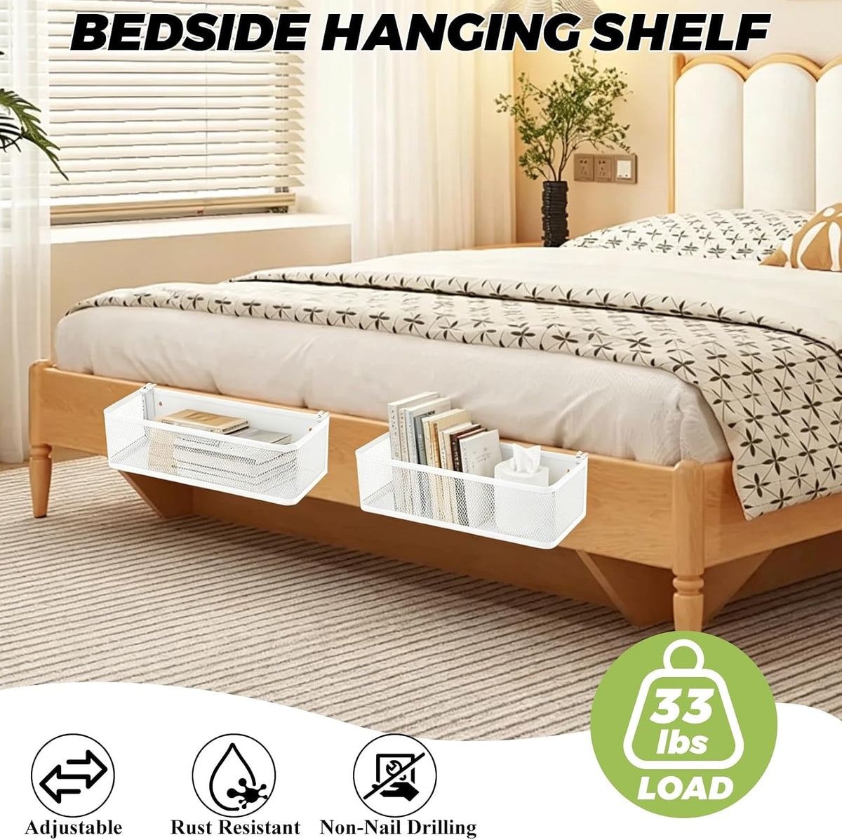 STARVAST 1 Pc Bedside Caddy Shelf, White Bed Shelf for Bunk Bed, Carbon Steel Dorm Room Essentials Organizer with 2 Hooks for Phone, Books, Snacks, Headphones and Rails