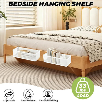 STARVAST 1 Pc Bedside Caddy Shelf, White Bed Shelf for Bunk Bed, Carbon Steel Dorm Room Essentials Organizer with 2 Hooks for Phone, Books, Snacks, Headphones and Rails
