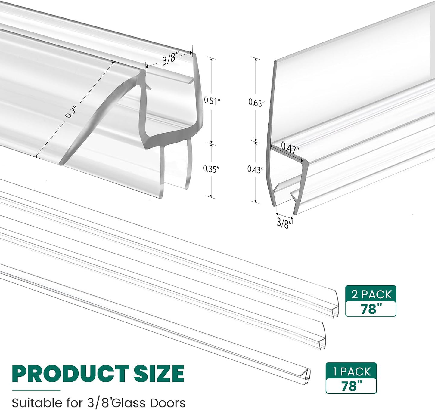 2 PCS Shower Door Bottom Seal, 3/8” X 36” Frameless Shower Glass Door Seal Strip, Clear PVC Shower Door Sweep Stop Shower Leaks, Shower Seal for 3/8 Inch (10mm) Glass