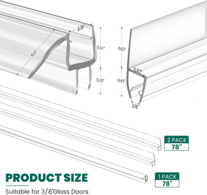 2 PCS Shower Door Bottom Seal, 3/8” X 36” Frameless Shower Glass Door Seal Strip, Clear PVC Shower Door Sweep Stop Shower Leaks, Shower Seal for 3/8 Inch (10mm) Glass