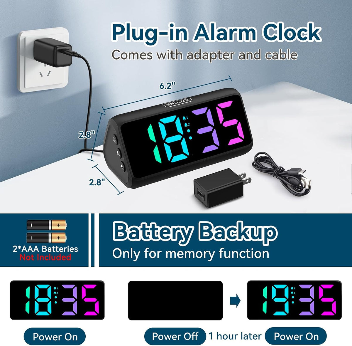 Netzu Loud Alarm Clock for Heavy Sleepers, RGB Alarm Clocks for Bedrooms Seniors Kids, Plug in Digital Clock with 5 Dimmers, 2 Alarms, 4 Volumes and Snooze