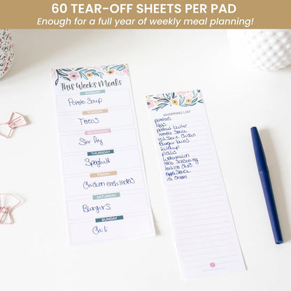 bloom daily planners Weekly Meal Planning Pad - Magnetic Hanging Refrigerator Menu Planner with Tear-Off Sheets & Perforated Grocery Shopping Lists - 6” x 9” (Pink Floral)