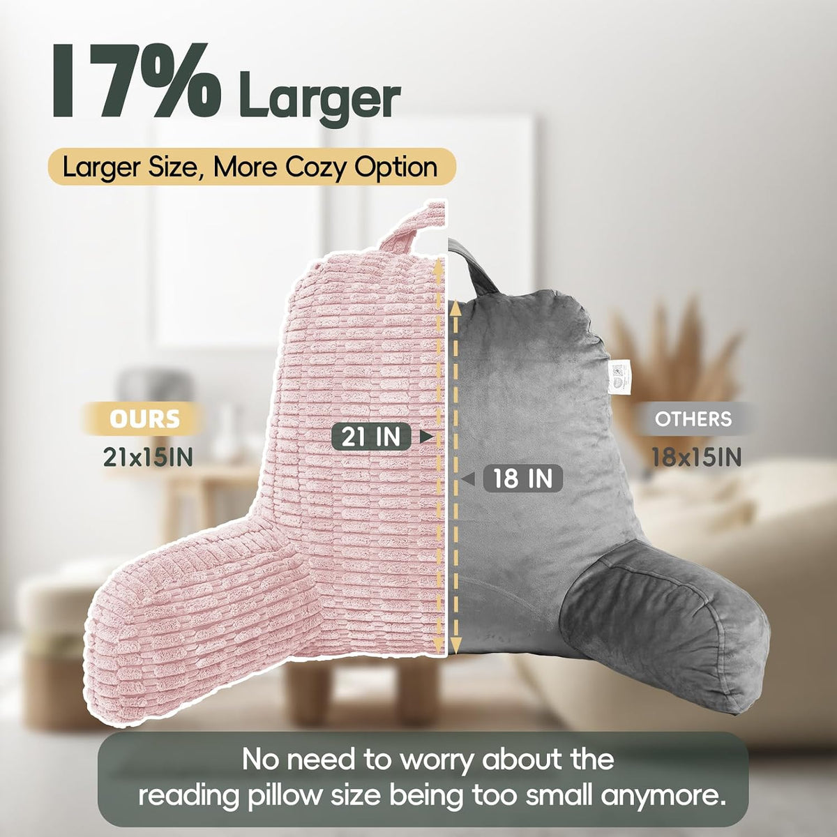 21" Higher Large Reading Pillow for Bed Adult, Back Pillow for Bed Sitting Up with Memory Foam Back Support with Arms Rest for Couch Chair Gray