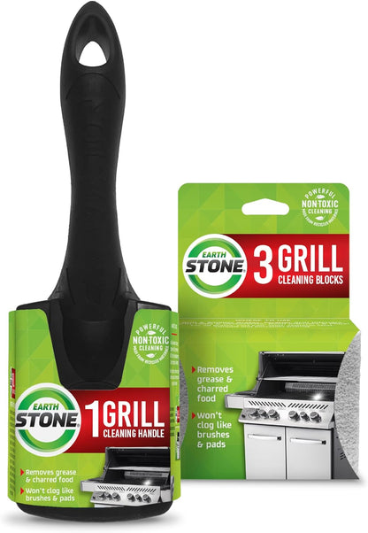 EarthStone Grill Cleaning Block Kit, 3 Blocks with 7-inch EZ-Grip Handle | Bristle Free Wire Alternative Grill Scraper Block Kit, For Porcelain, Iron Cast, & Steel Grates, No Chemical Pumice Material