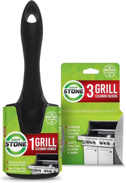 EarthStone Grill Cleaning Block Kit, 3 Blocks with 7-inch EZ-Grip Handle | Bristle Free Wire Alternative Grill Scraper Block Kit, For Porcelain, Iron Cast, & Steel Grates, No Chemical Pumice Material