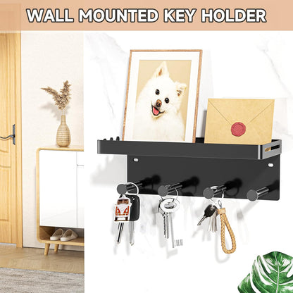 Dog Leash Holder for Wall, Key Holder Wall Mount, Metal Dog Leash Hooks, Pet Stuff Storage Shelf for Leash Hanger, Entryway Organizer Key Rack for Pet Collar, Treats, Toys, Mail (Black)