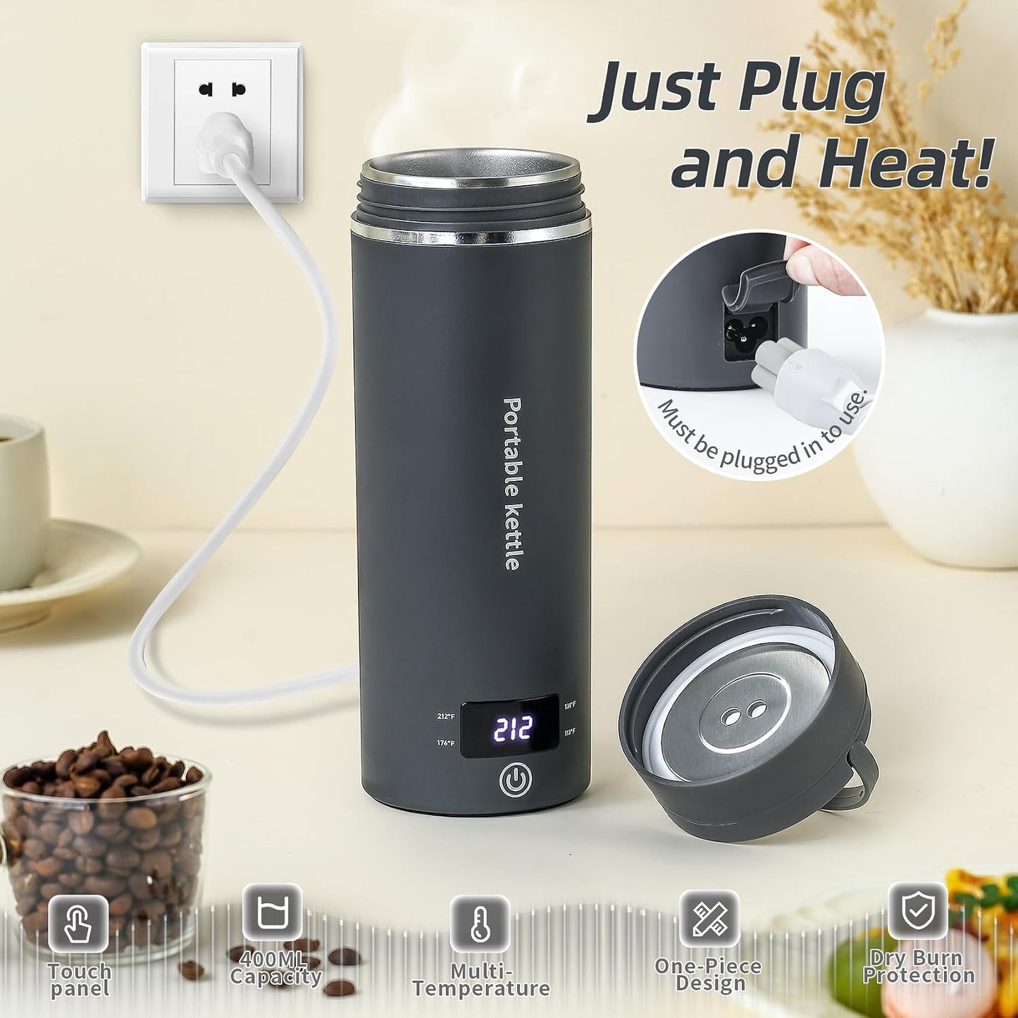 Touxila Portable Electric Kettle for Travel 120V, 13.5oz, 4 Temp Settings | 304 Stainless Steel Lining,Fast Boiling Water,Auto Shut-Off,Boil Dry Protection,Small Kettle for Office & Hotel(Beige, 400ML)