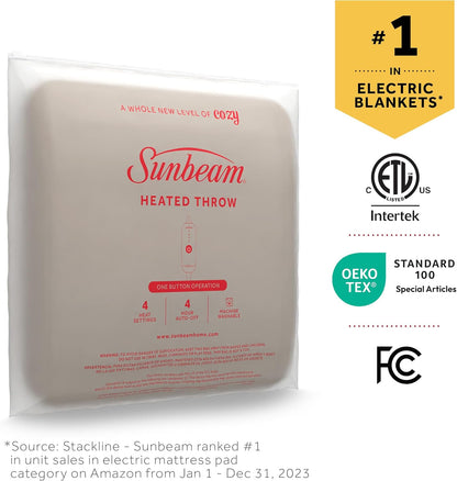 Sunbeam Royal Posh Dove Grey Heated Personal Throw / Blanket, Cozy-Warm, Adjustable Heat Settings