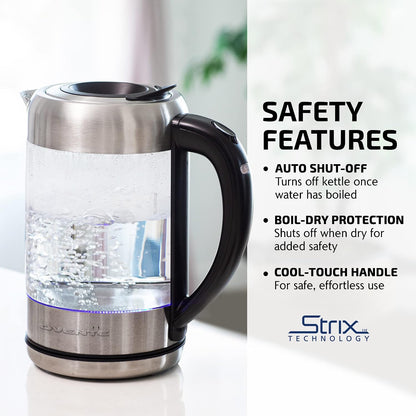 OVENTE 1.7L Double Wall Glass Electric Kettle Water Boiler, Silver KG912S | 1500W Fast Boiling, Easy Fill Lid, Borosilicate Glass, Cool-Touch Design, Blue LED, Auto Shut-Off, Boil-Dry Protection
